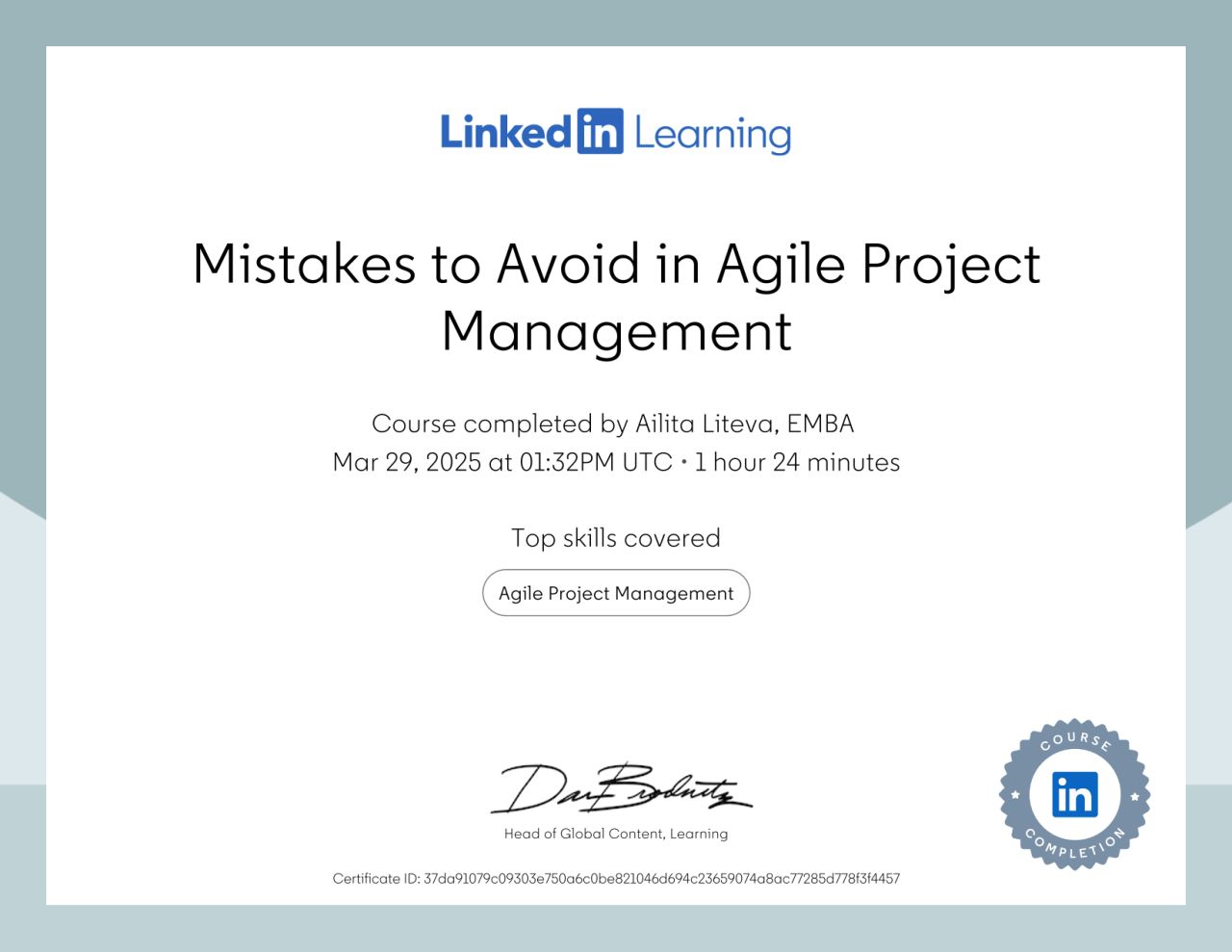 LinkedIn Learning certificate — Mistakes to Avoid in Agile Project Management