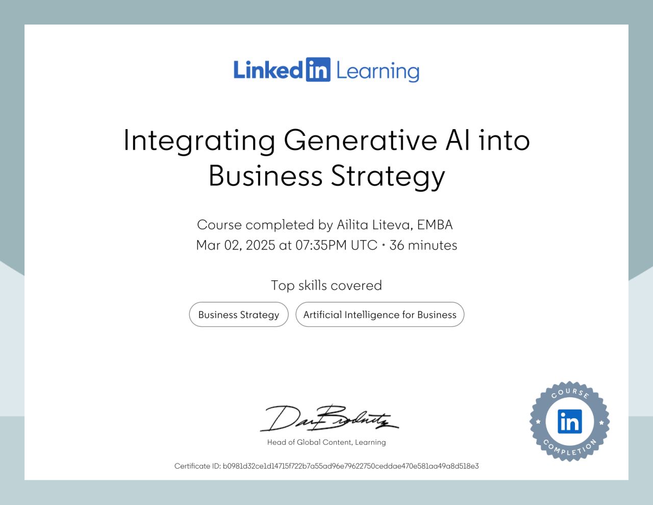 LinkedIn Learning certificate — Integrating Generative AI into Business Strategy