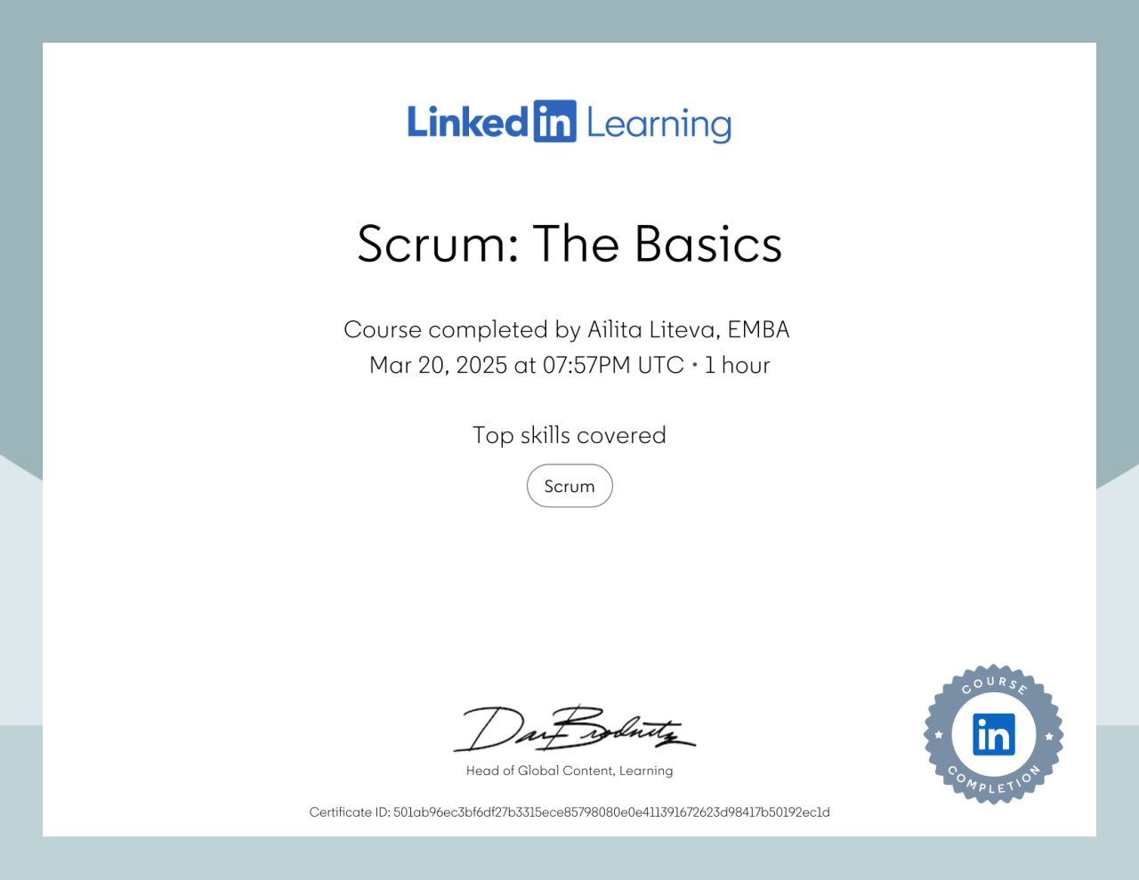 LinkedIn Learning certificate — Scrum: The Basics