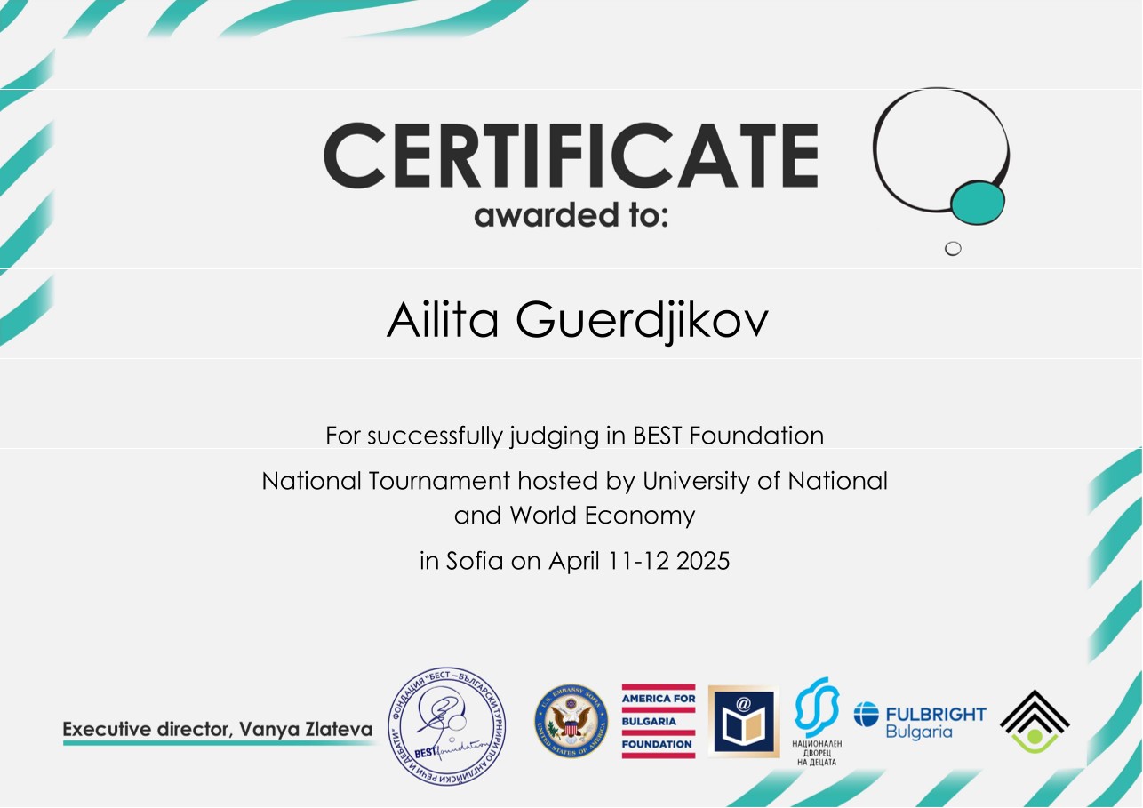 BEST Foundation judging certificate awarded to Ailita Guerdjikov