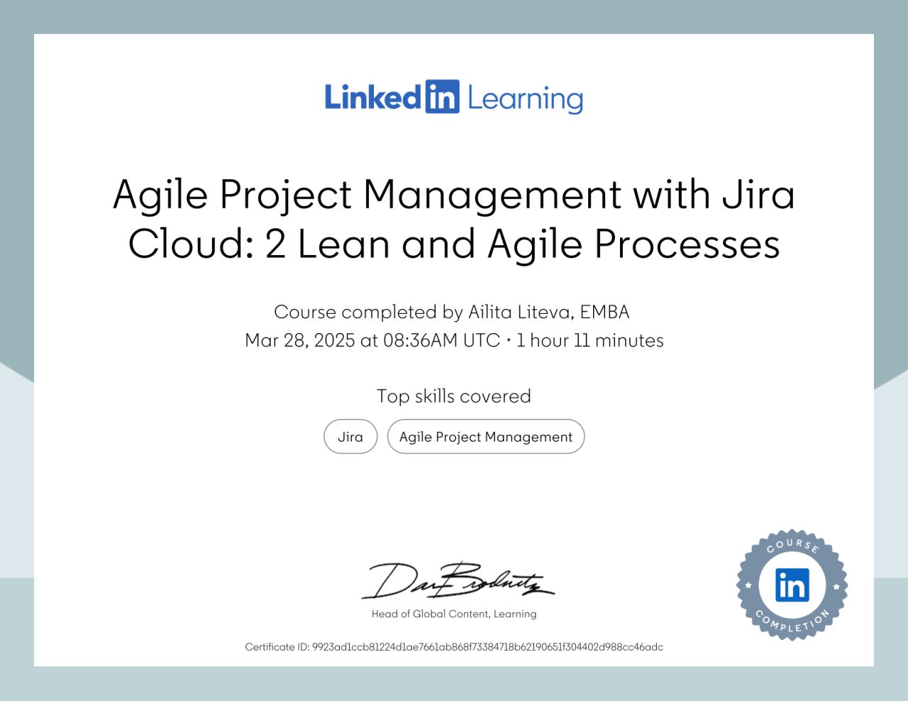 LinkedIn Learning certificate — Agile Project Management with Jira Cloud: Lean and Agile Processes
