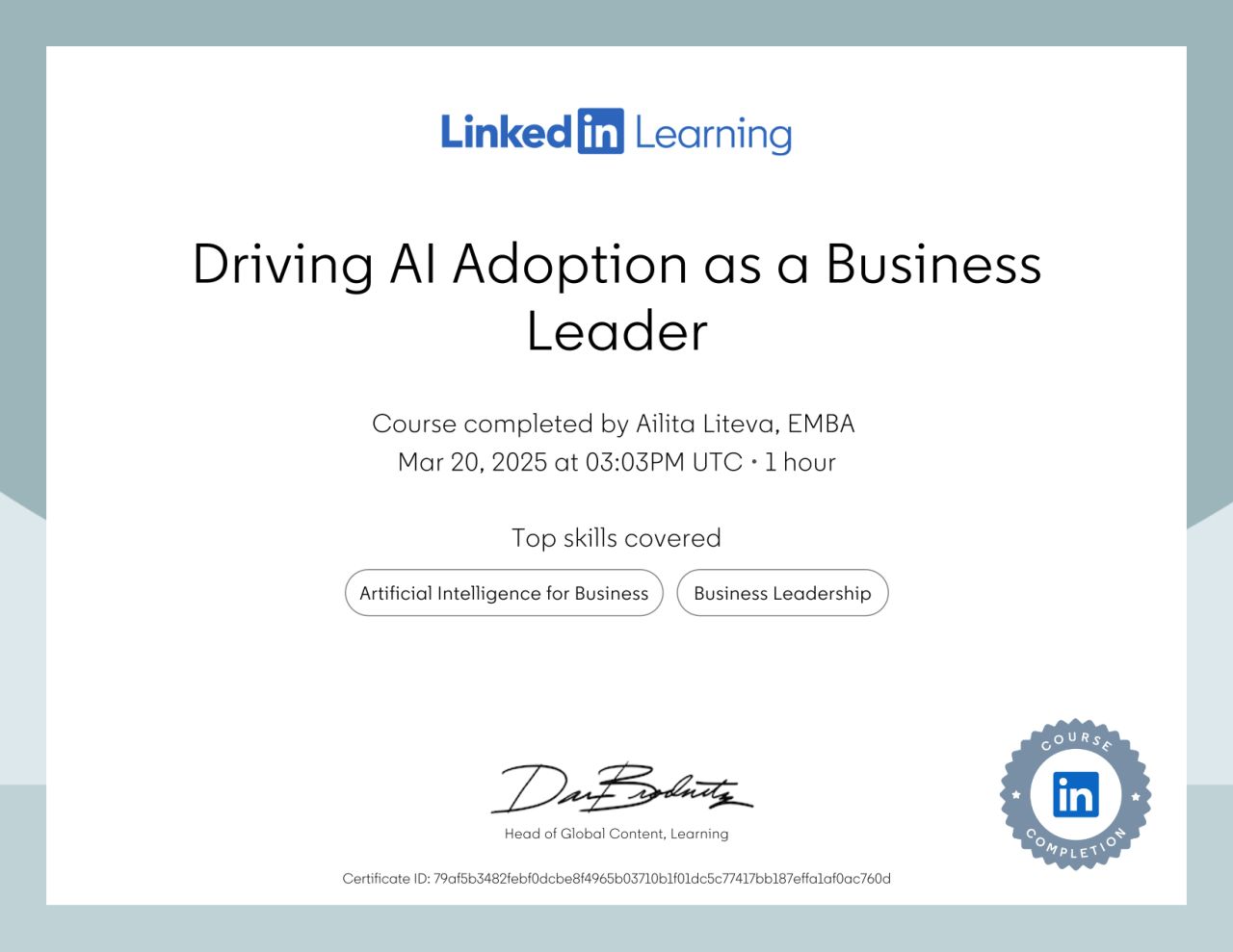 LinkedIn Learning certificate — Driving AI Adoption as a Business Leader
