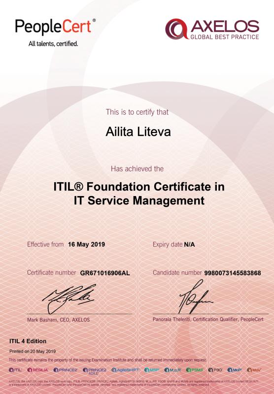 ITIL Foundation Certificate in IT Service Management awarded to Ailita Liteva