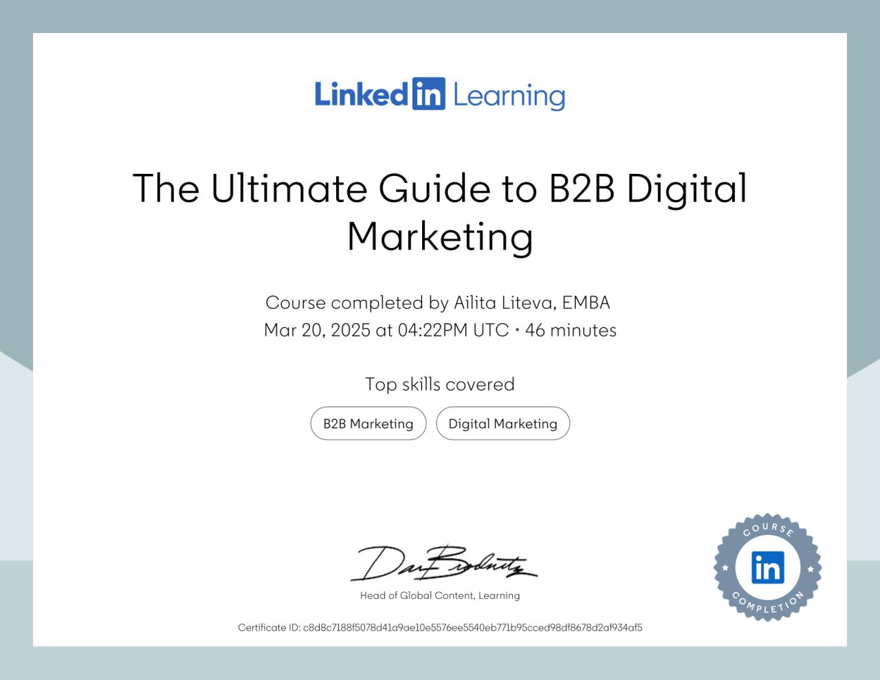 LinkedIn Learning certificate — The Ultimate Guide to B2B Digital Marketing